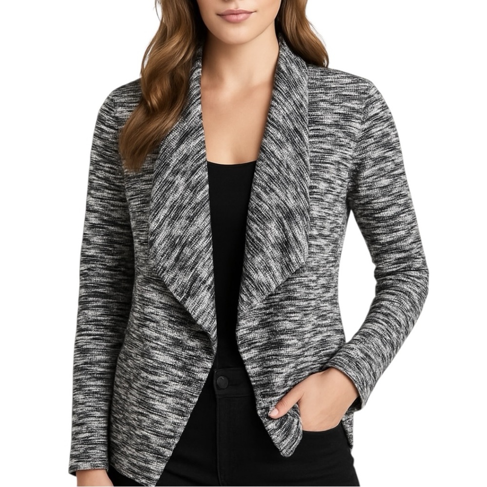 Vince Camuto Navy grey White Waterfall draped Front Long Sleeve jacket Sweater S - Picture 15 of 15